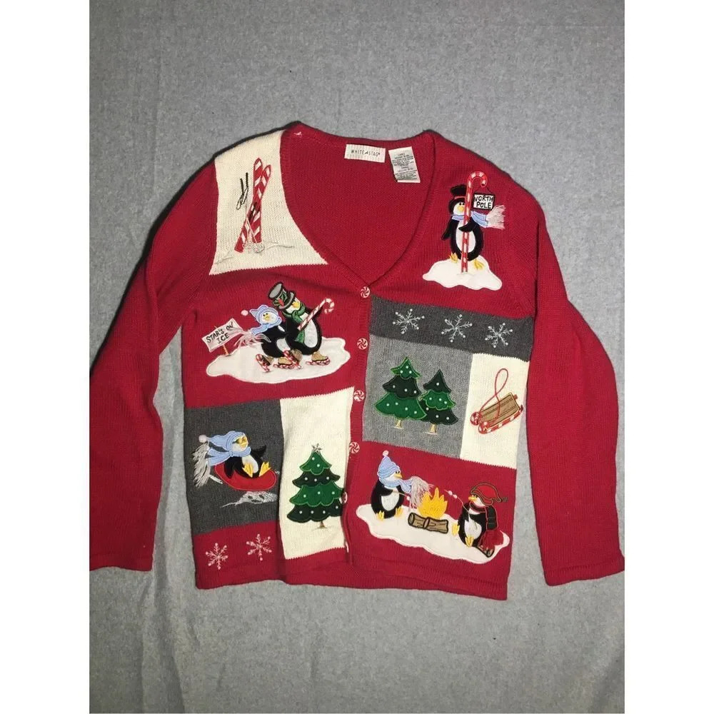 Womens White Stag Cardigan Size Medium Christmas Penguins Holidays Party